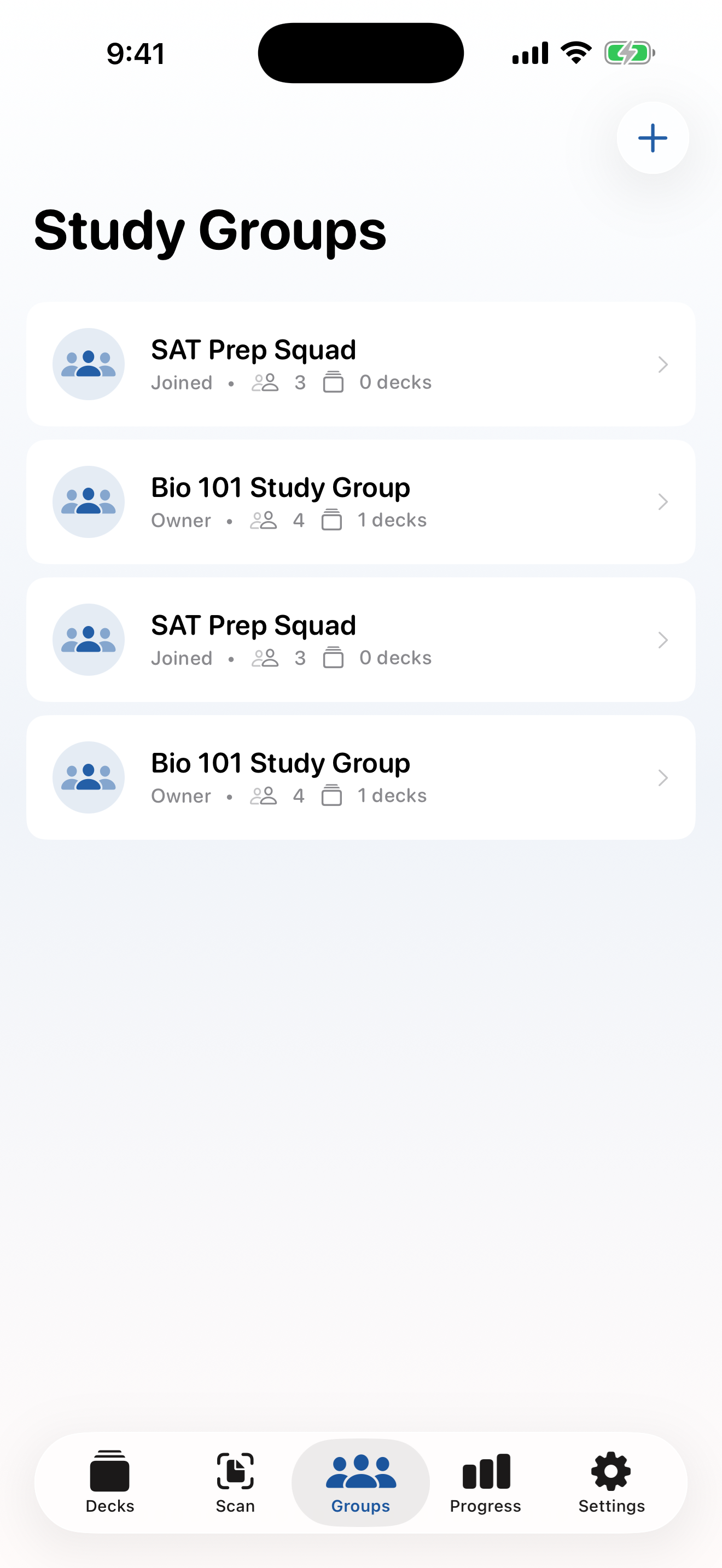 StudyDeck study groups screen