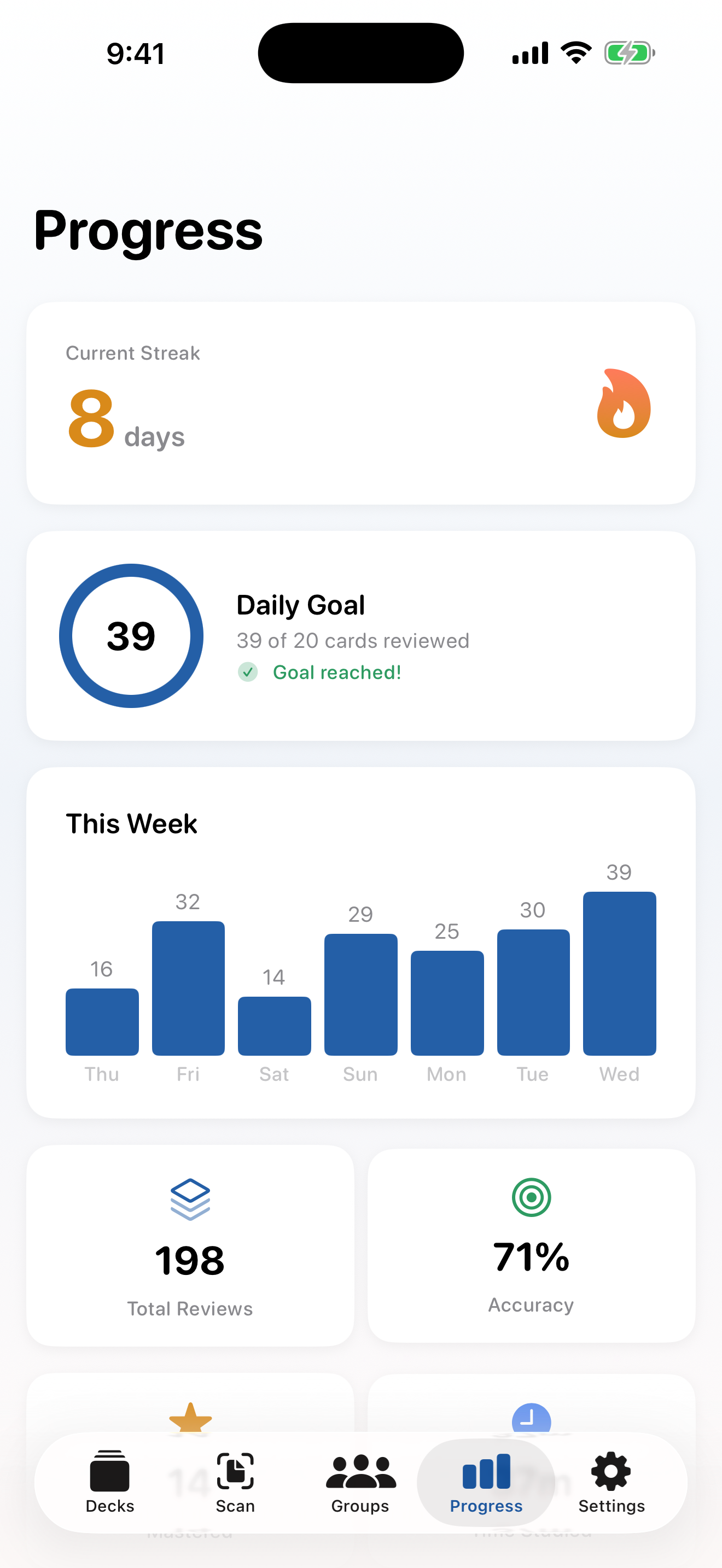 StudyDeck progress tracking screen
